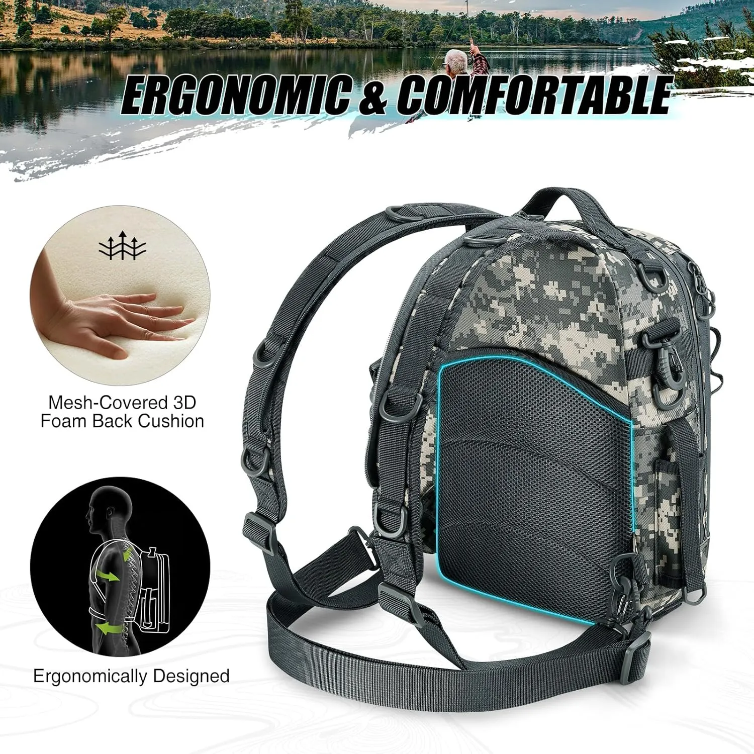 Piscifun Fishing Tackle Backpack with Rod & Gear Holder, Lightweight Outdoor Water-Resistant Fishing Shoulder Storage Bag