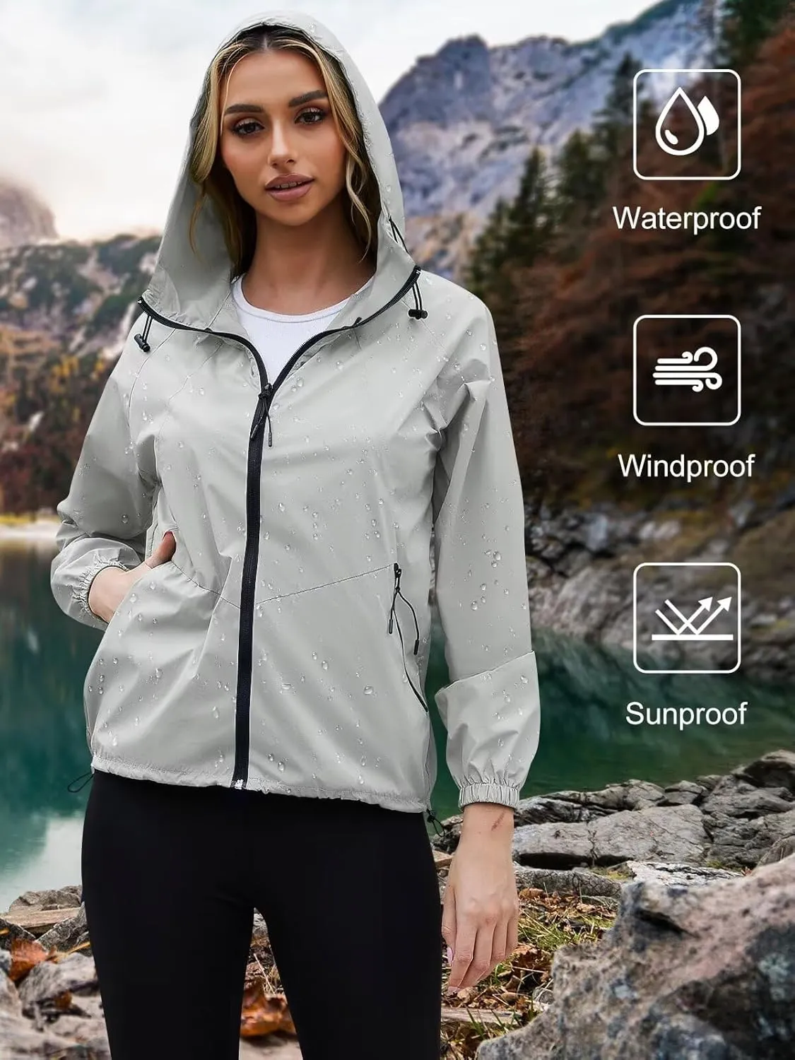 PITINAN Rain Jacket Women Waterproof Lightweight Jacket With Hood Packable Raincoat with Pockets S-XXL