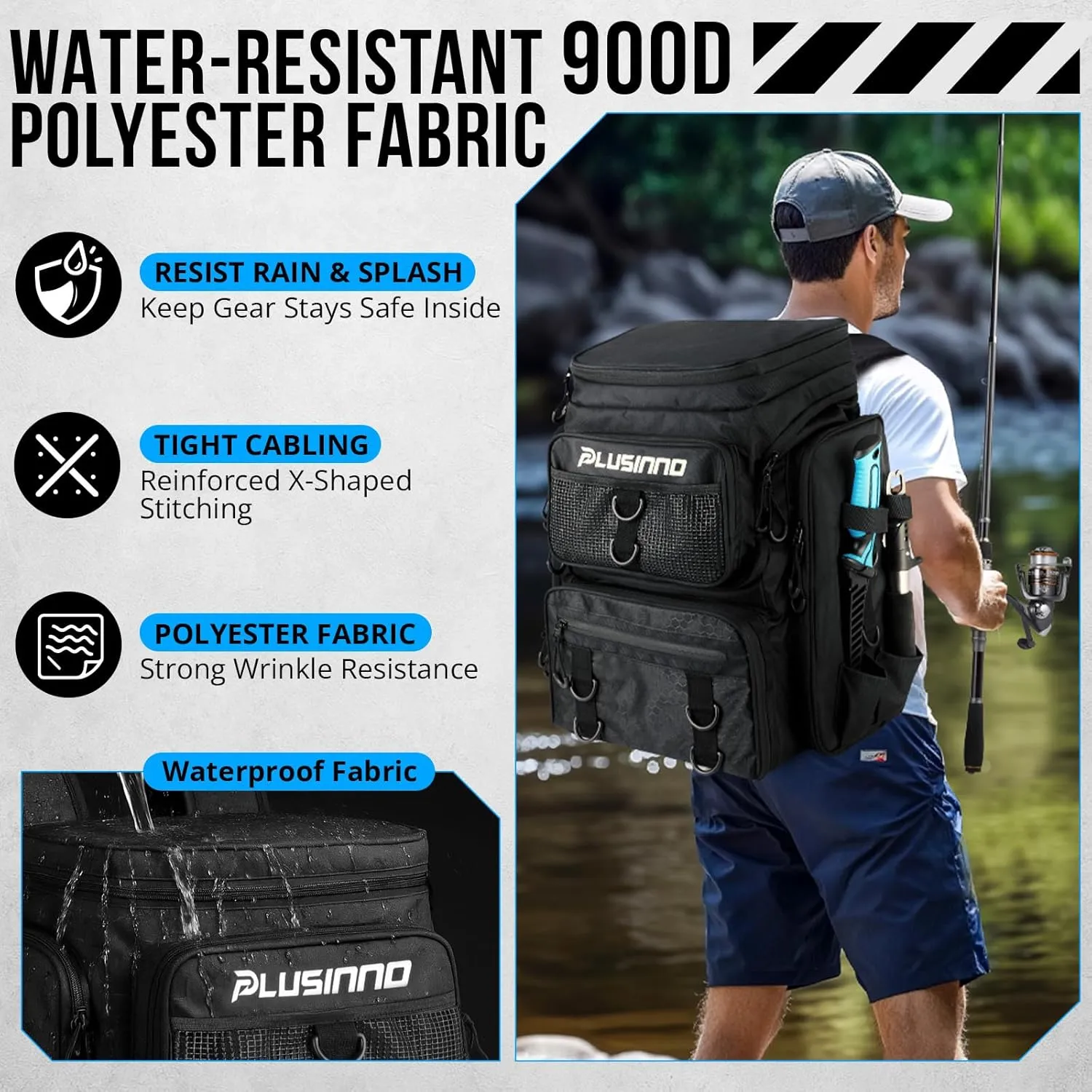 PLUSINNO Fishing Backpack With Rod Holder, 42L Water-Resistant Fishing Gear Tackle Box Backpack, Fishing Tackle Bag For Men