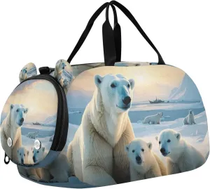 Polar Bear Duffle Bag for Kids Girls Boys, Sports Gym Bag with Shoe Compartments, Kids Travel Overnight Weekender Shoulder Bag