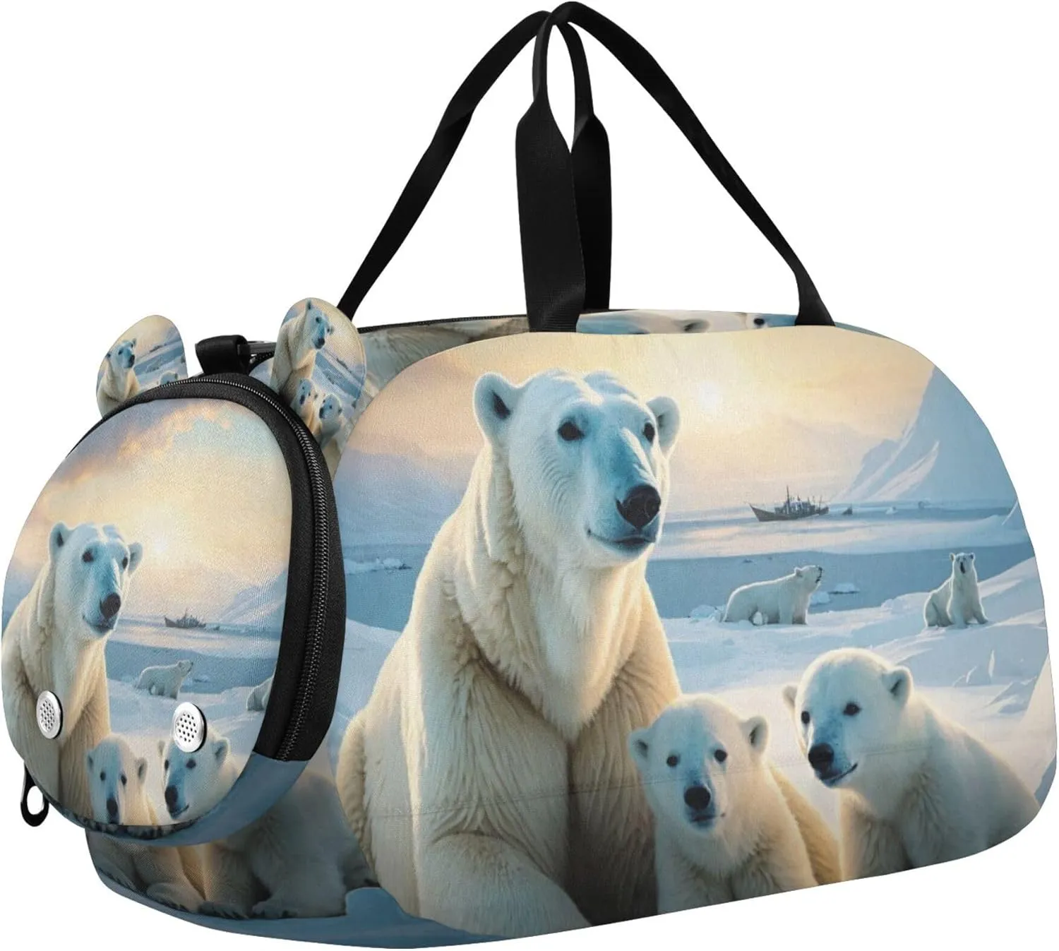 Polar Bear Duffle Bag for Kids Girls Boys, Sports Gym Bag with Shoe Compartments, Kids Travel Overnight Weekender Shoulder Bag