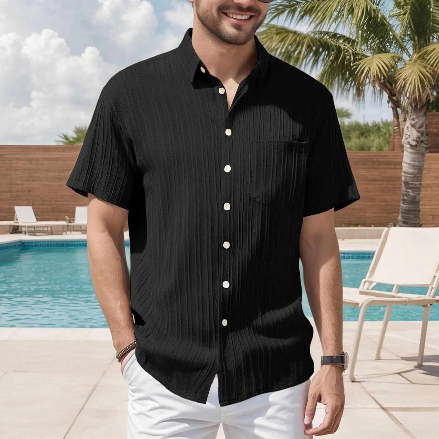 Polo Shirts for Men Mens Summer Textured Shirts Short Sleeve Casual Button Down Shirt Beach Vacation Tops Golf Shirt