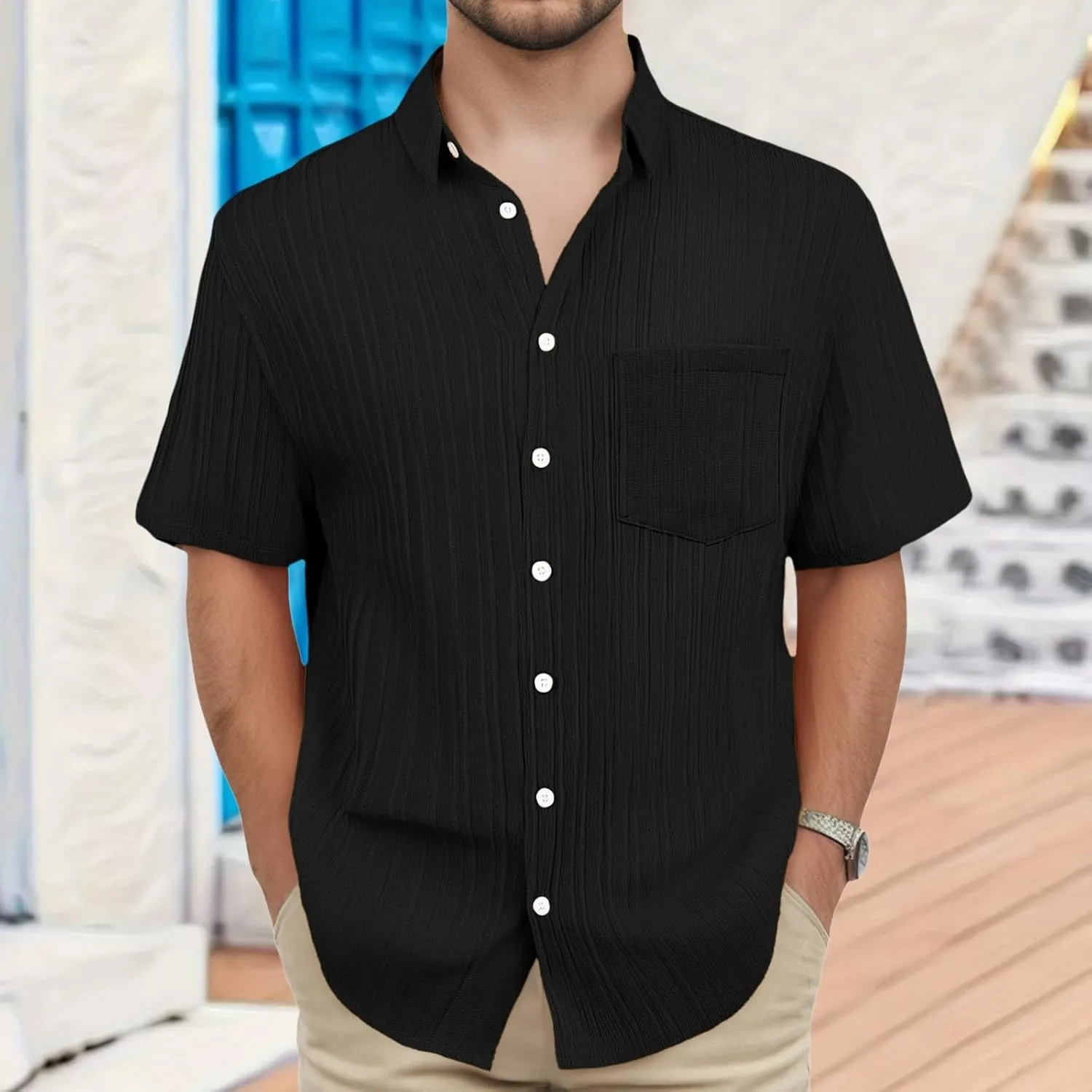 Polo Shirts for Men Mens Summer Textured Shirts Short Sleeve Casual Button Down Shirt Beach Vacation Tops Golf Shirt