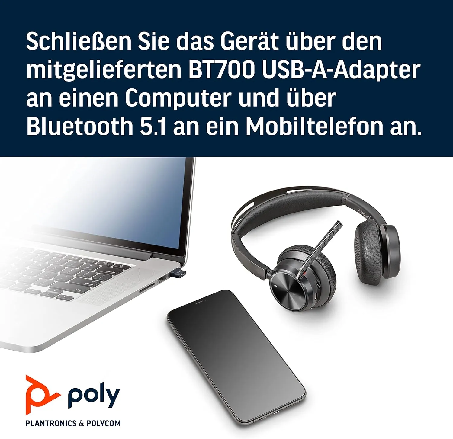 Poly - Voyager Focus 2 UC USB-A Headset (Plantronics) - Bluetooth Dual-Ear (Stereo) Headset with Boom Mic - USB-A PC/Mac Compatible - Active Noise Canceling - Works with Teams, Zoom (Certified) & More