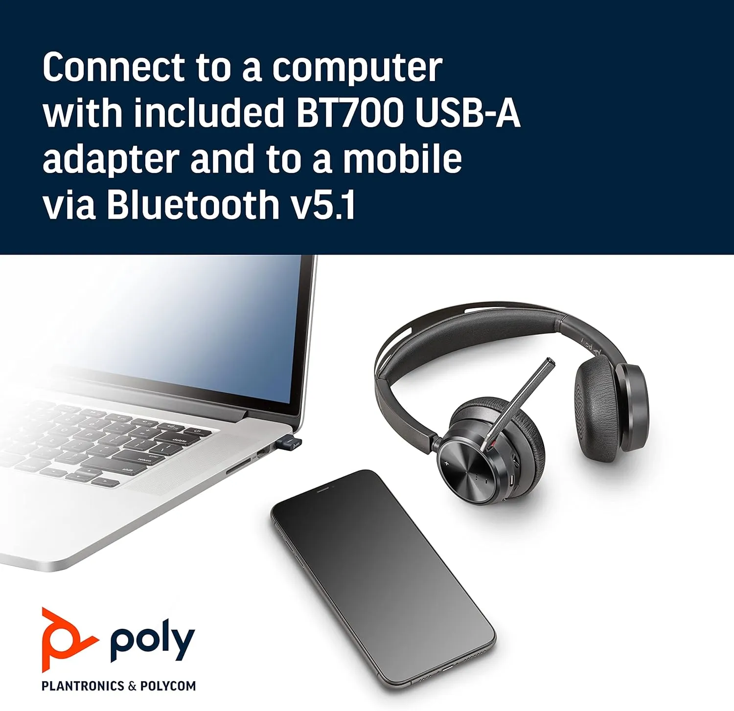 Poly - Voyager Focus 2 UC USB-A Headset (Plantronics) - Bluetooth Dual-Ear (Stereo) Headset with Boom Mic - USB-A PC/Mac Compatible - Active Noise Canceling - Works with Teams, Zoom (Certified) & More