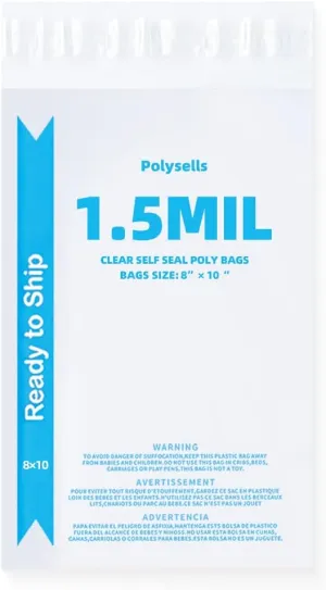POLYSELLS Strong Self Seal Clear Poly Bags with Suffocation Warning for Packaging, Shipping, T-Shirts, Clothes & FBA, Permanent Adhesive, 8"x10", 1000pcs