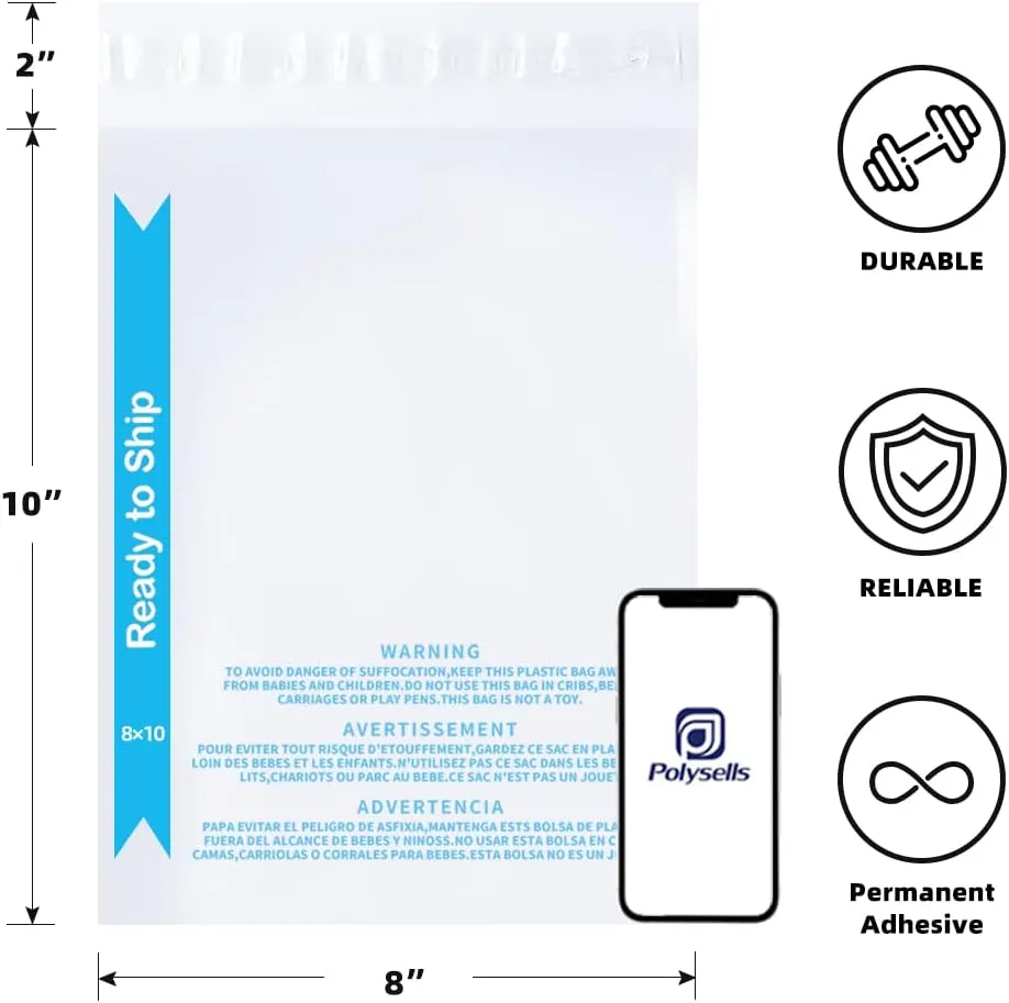 POLYSELLS Strong Self Seal Clear Poly Bags with Suffocation Warning for Packaging, Shipping, T-Shirts, Clothes & FBA, Permanent Adhesive, 8"x10", 1000pcs