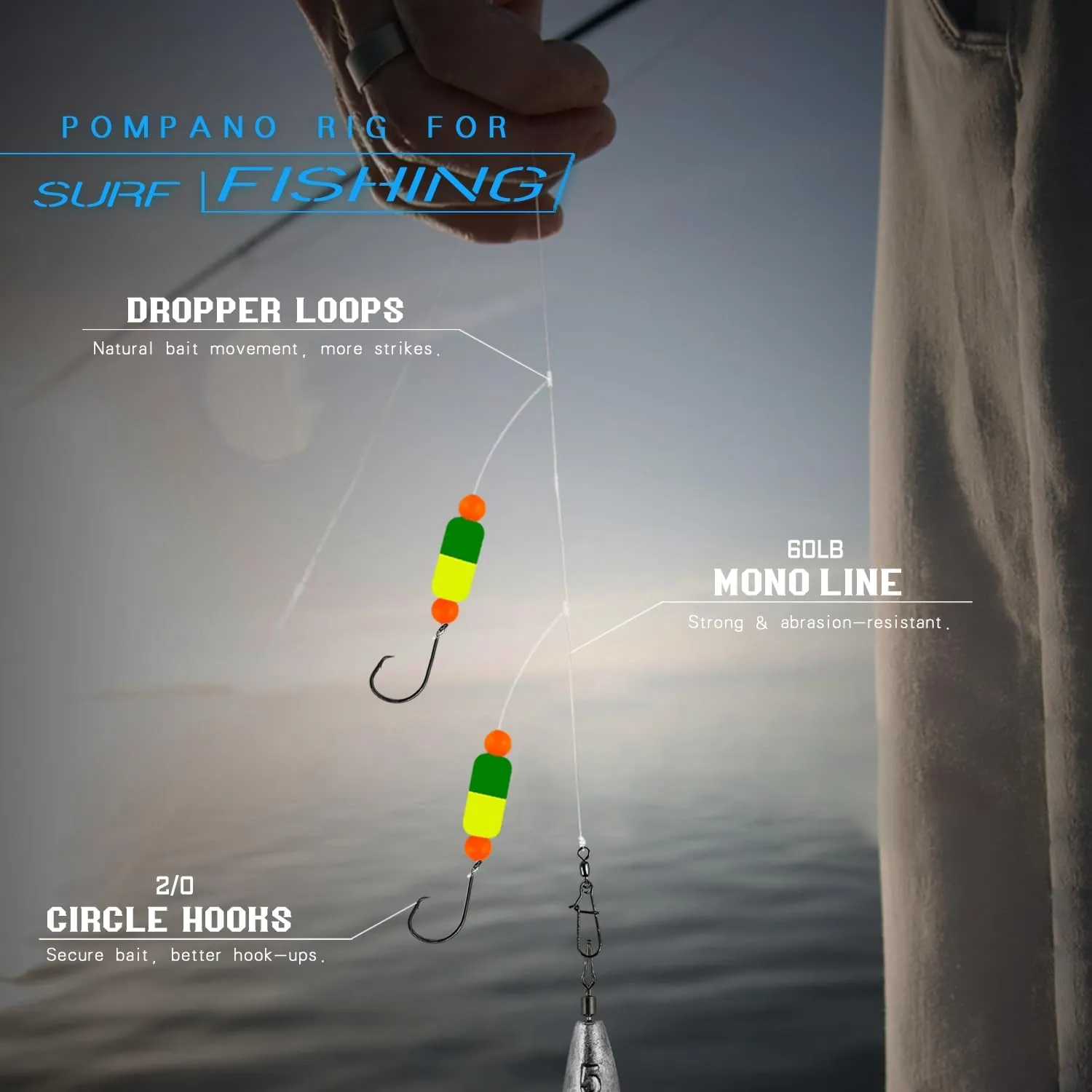 Pompano Rig for Surf Fishing - Pompano Rigs Saltwater for Pompano Bait, Whiting Rigs - Pompano Floats,2/0 Fishing Hooks,Mono line and Crane Swivel Snaps