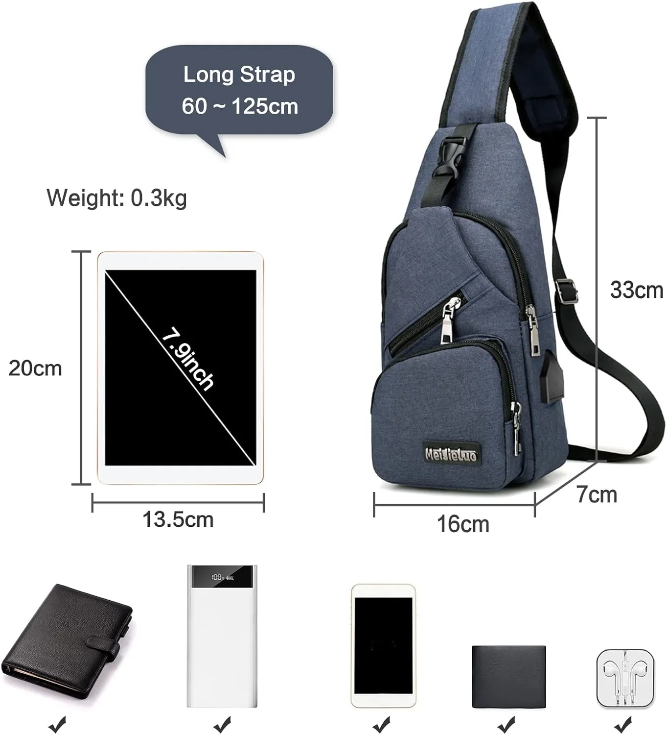 PORRASSO Men Sling Bag Small Shoulder Crossbody Bag with USB Chest Bag Daypack