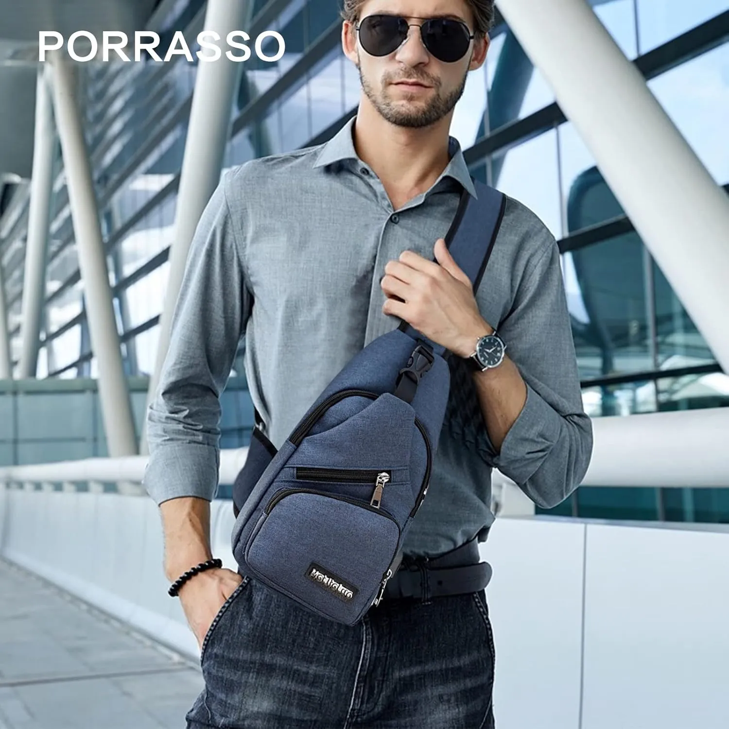 PORRASSO Men Sling Bag Small Shoulder Crossbody Bag with USB Chest Bag Daypack