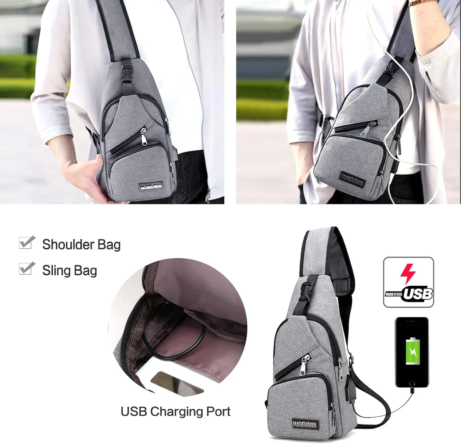 PORRASSO Men Sling Bag Small Shoulder Crossbody Bag with USB Chest Bag Daypack