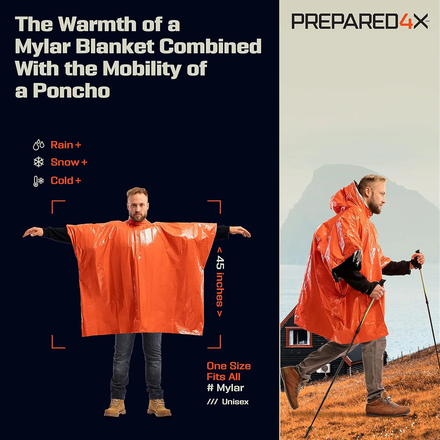 PREPARED4X Emergency Poncho and Mylar Blanket Liner - Waterproof, Wind-Resistant Green Outdoor Rain Poncho for Camping and Car Emergencies