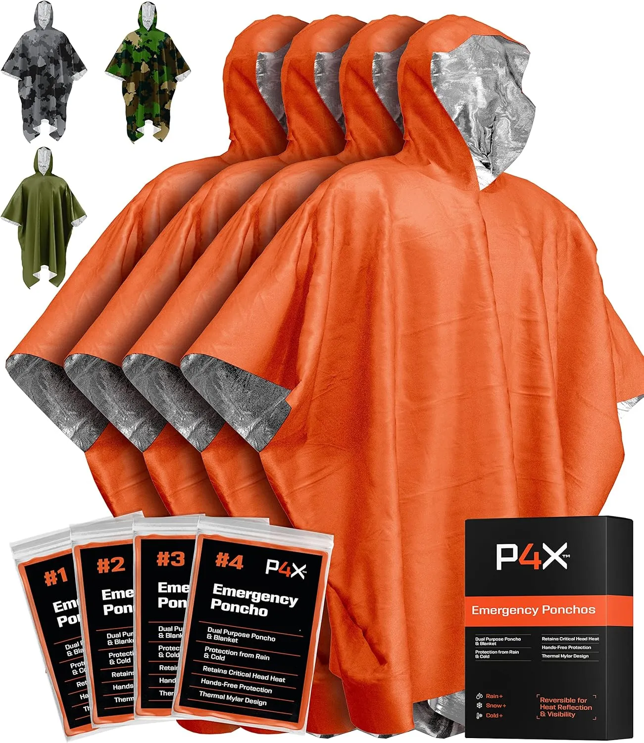 PREPARED4X Emergency Poncho and Mylar Blanket Liner - Waterproof, Wind-Resistant Green Outdoor Rain Poncho for Camping and Car Emergencies