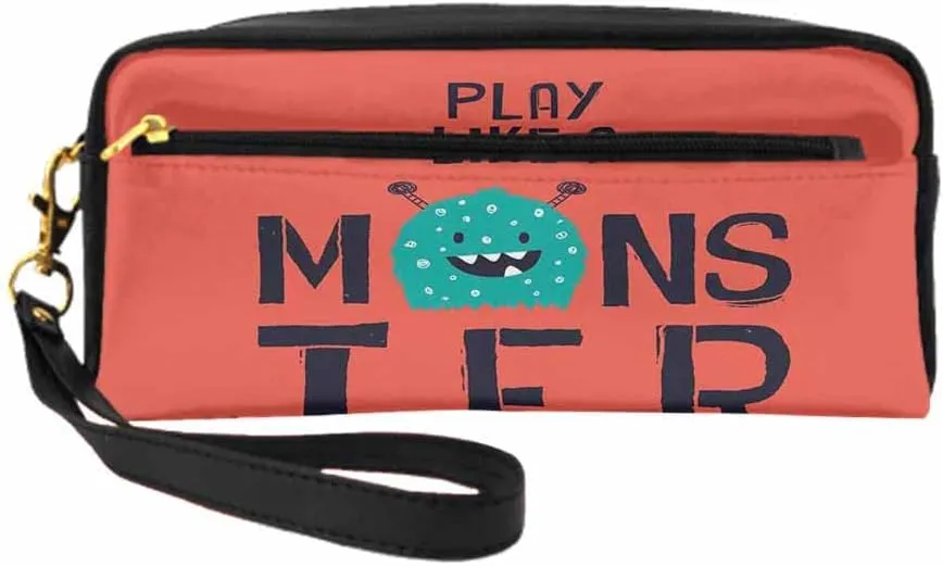 Pu Leather Cosmetic Bags For Woman Small Makeup Bag Cute Monster Slogan Alien Cartoon Beast Devil Face Toiletry Bags Wallet One Bag Multi-Purpose