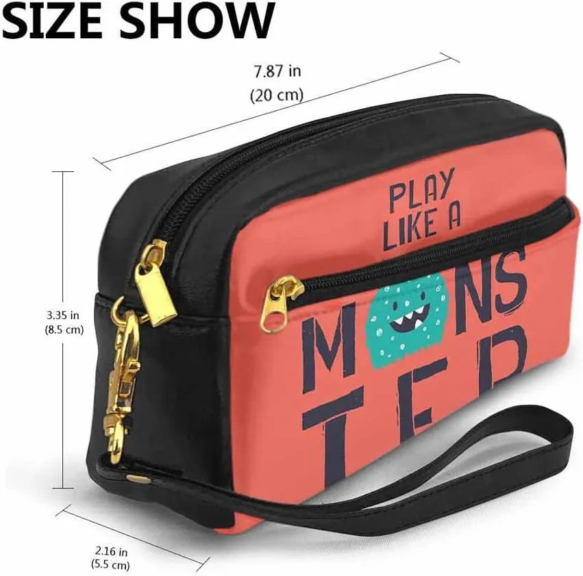 Pu Leather Cosmetic Bags For Woman Small Makeup Bag Cute Monster Slogan Alien Cartoon Beast Devil Face Toiletry Bags Wallet One Bag Multi-Purpose