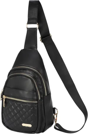 PU Leather Small Sling Bag Mini Crossbody Backpack Daypack - 7.9" Good for Hiking Travel Running Cycling Sports - Black