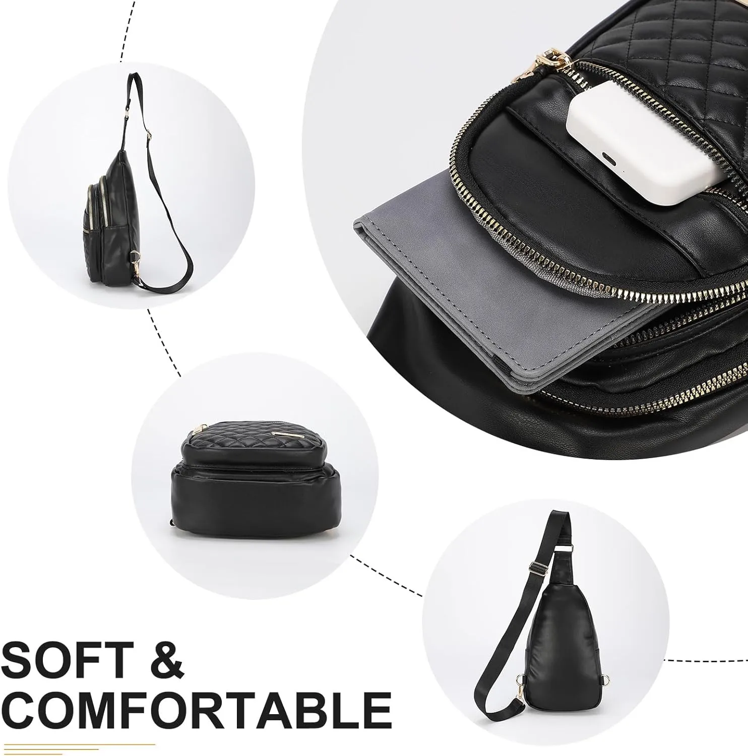 PU Leather Small Sling Bag Mini Crossbody Backpack Daypack - 7.9" Good for Hiking Travel Running Cycling Sports - Black