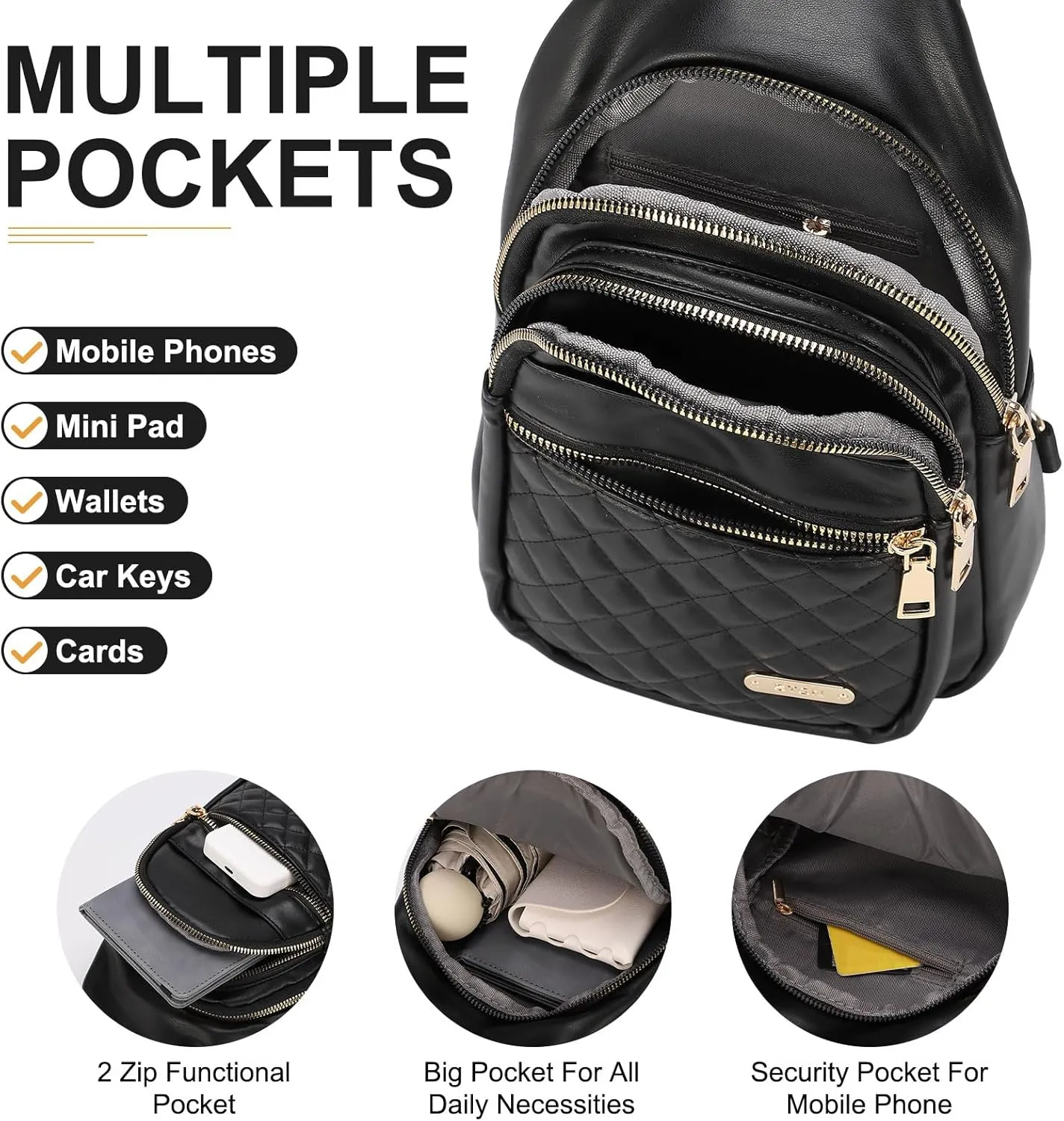 PU Leather Small Sling Bag Mini Crossbody Backpack Daypack - 7.9" Good for Hiking Travel Running Cycling Sports - Black