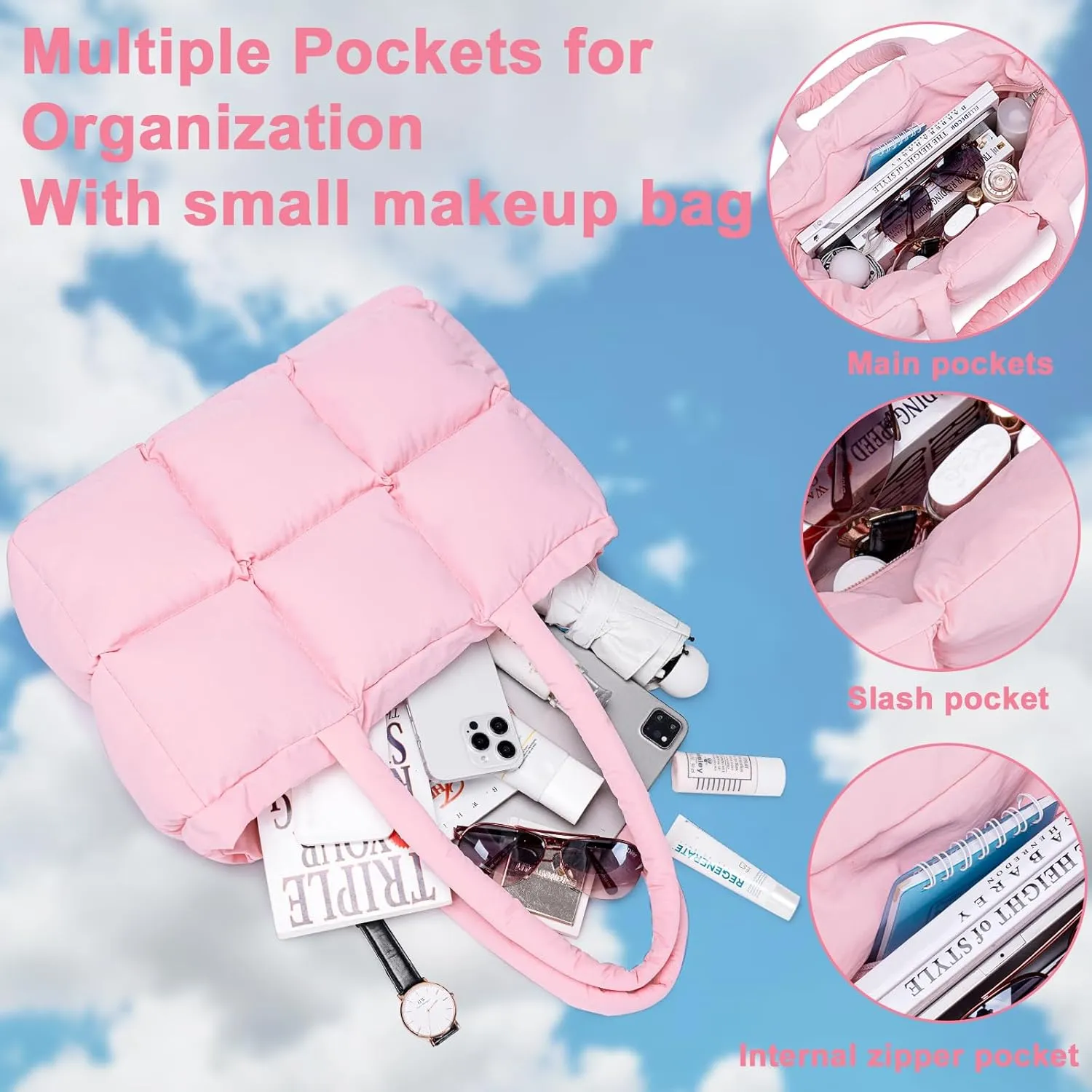 Puffer Tote Bag, Quilted Puffy Purse, Cute Padded Winter Shoulder Bags, Lightweight Down Handbag for Women Work Travel