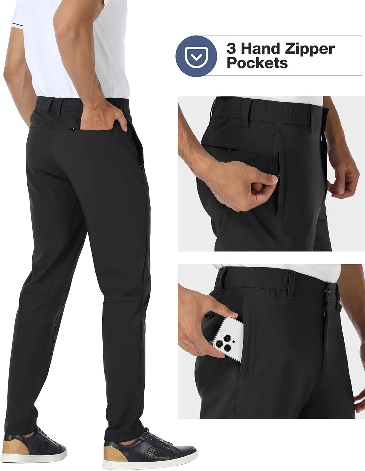 PULI Golf Pants Men Stretch Slim Fit Dress Casual Work Hiking Tapered Waterproof Pants with Pockets