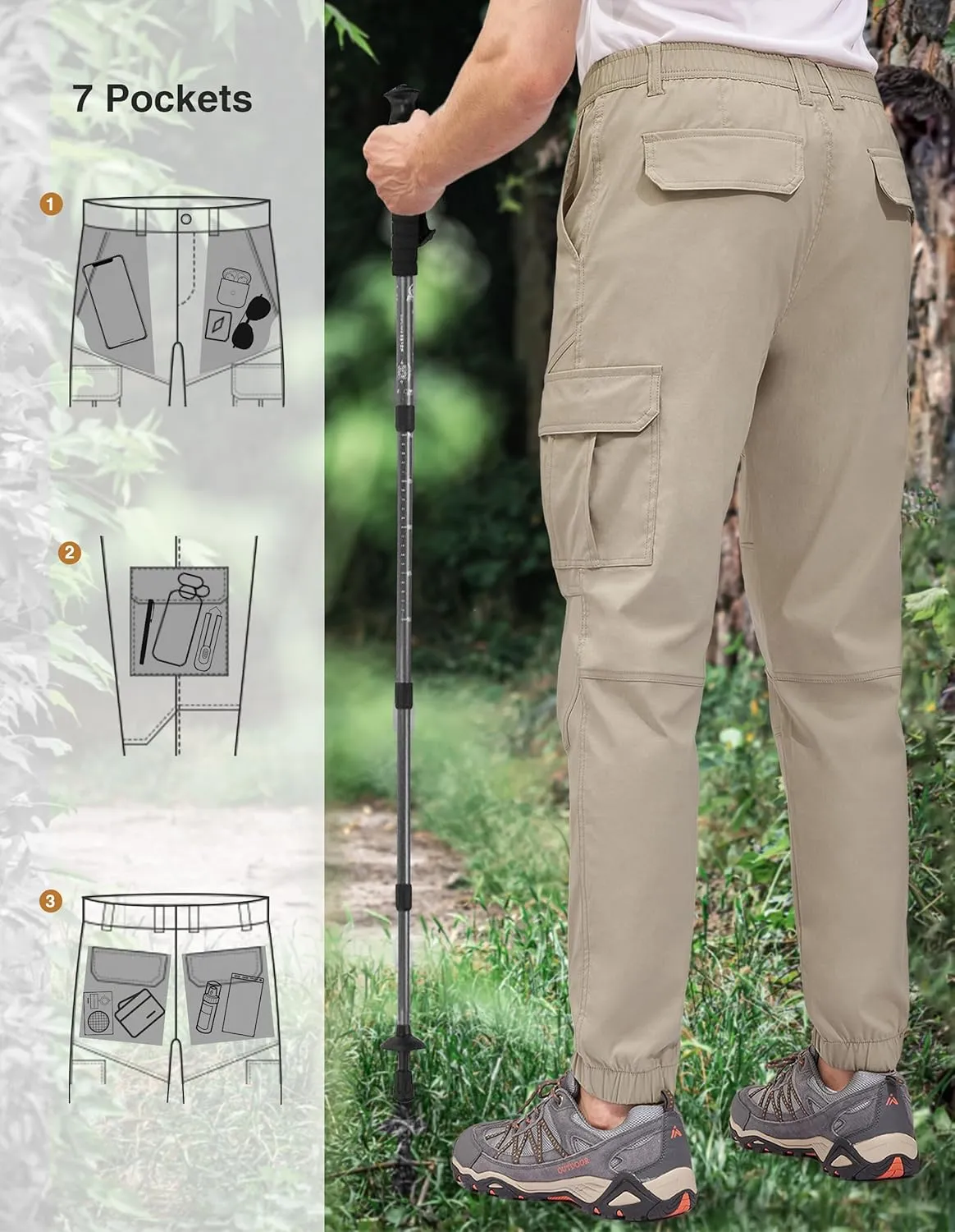 PULI Men's Waterproof Hiking Pants, Slim Fit Cargo Joggers, Stretch Quick Dry Outdoor Pants with Pockets