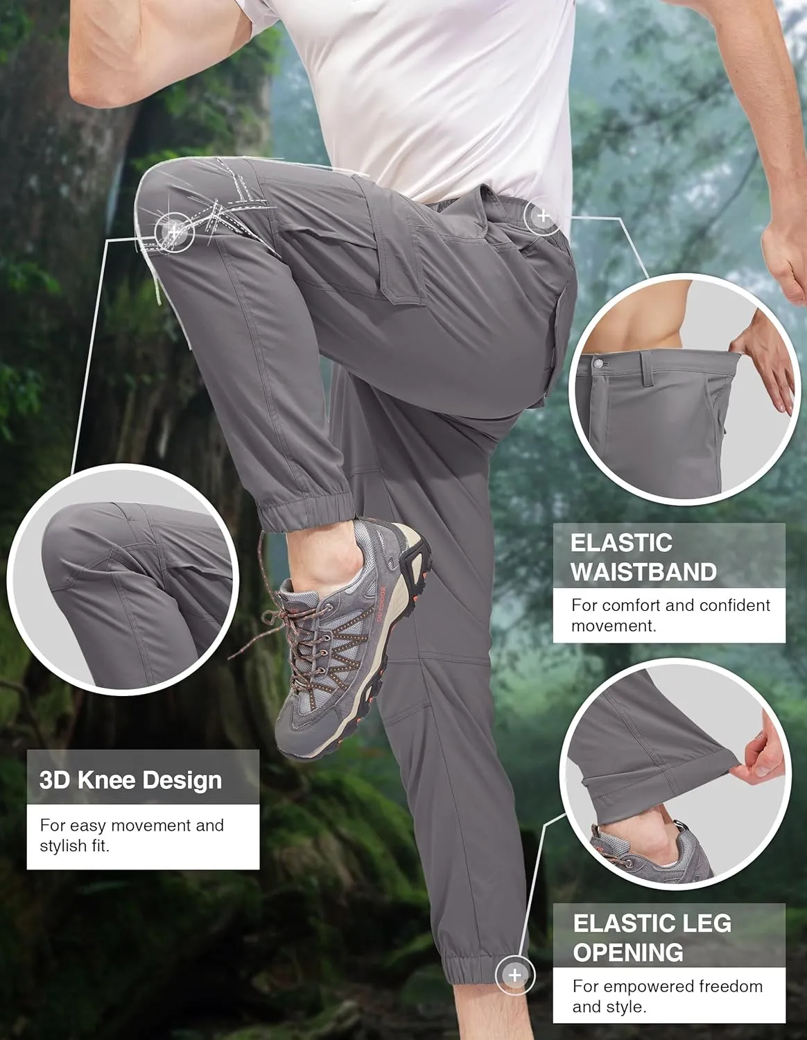 PULI Men's Waterproof Hiking Pants, Slim Fit Cargo Joggers, Stretch Quick Dry Outdoor Pants with Pockets