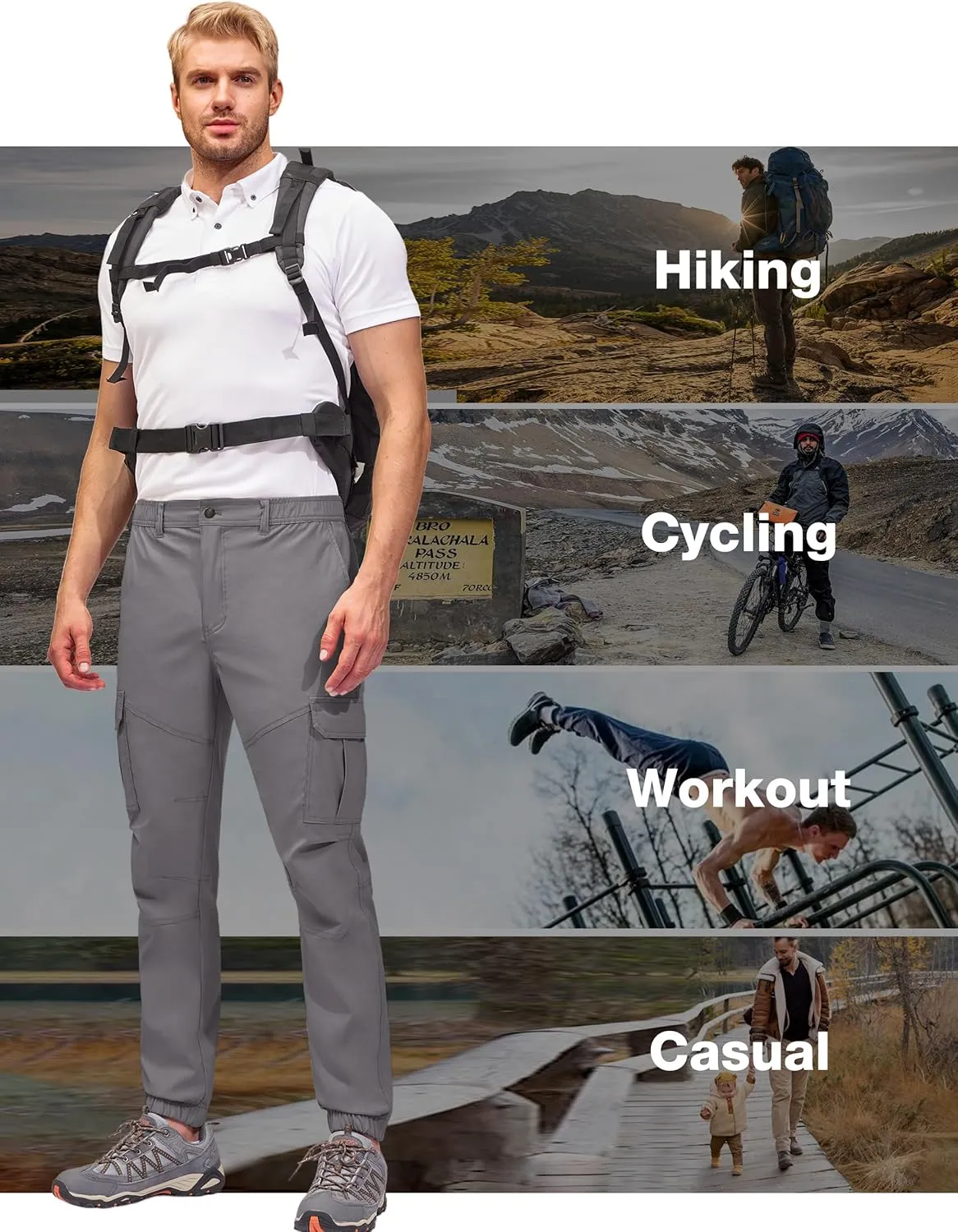 PULI Men's Waterproof Hiking Pants, Slim Fit Cargo Joggers, Stretch Quick Dry Outdoor Pants with Pockets