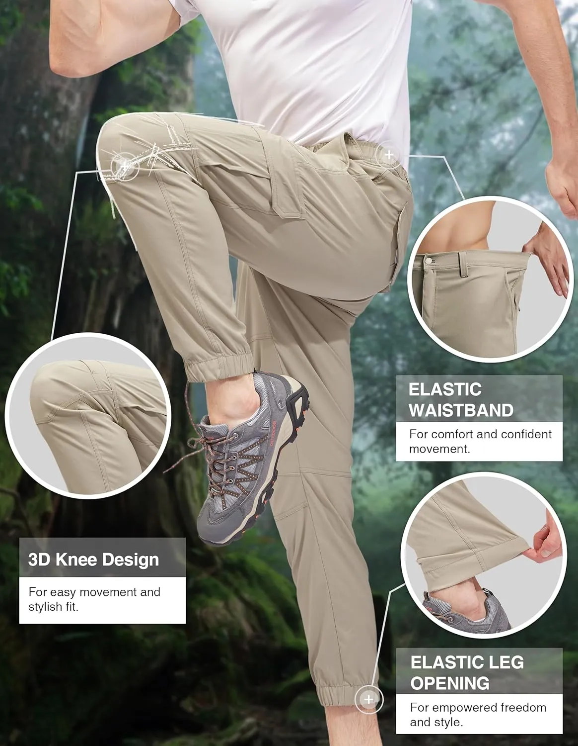 PULI Men's Waterproof Hiking Pants, Slim Fit Cargo Joggers, Stretch Quick Dry Outdoor Pants with Pockets
