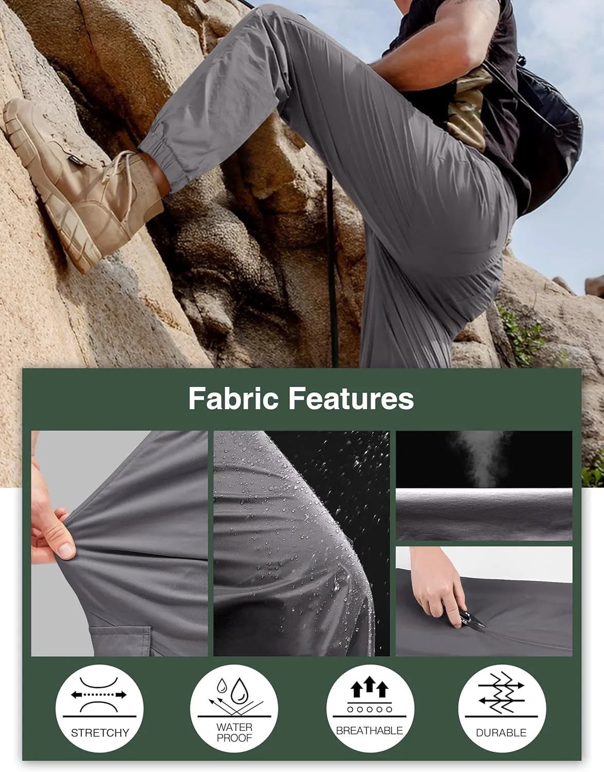 PULI Men's Waterproof Hiking Pants, Slim Fit Cargo Joggers, Stretch Quick Dry Outdoor Pants with Pockets