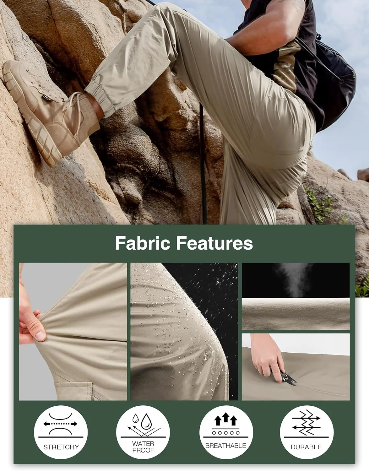 PULI Men's Waterproof Hiking Pants, Slim Fit Cargo Joggers, Stretch Quick Dry Outdoor Pants with Pockets