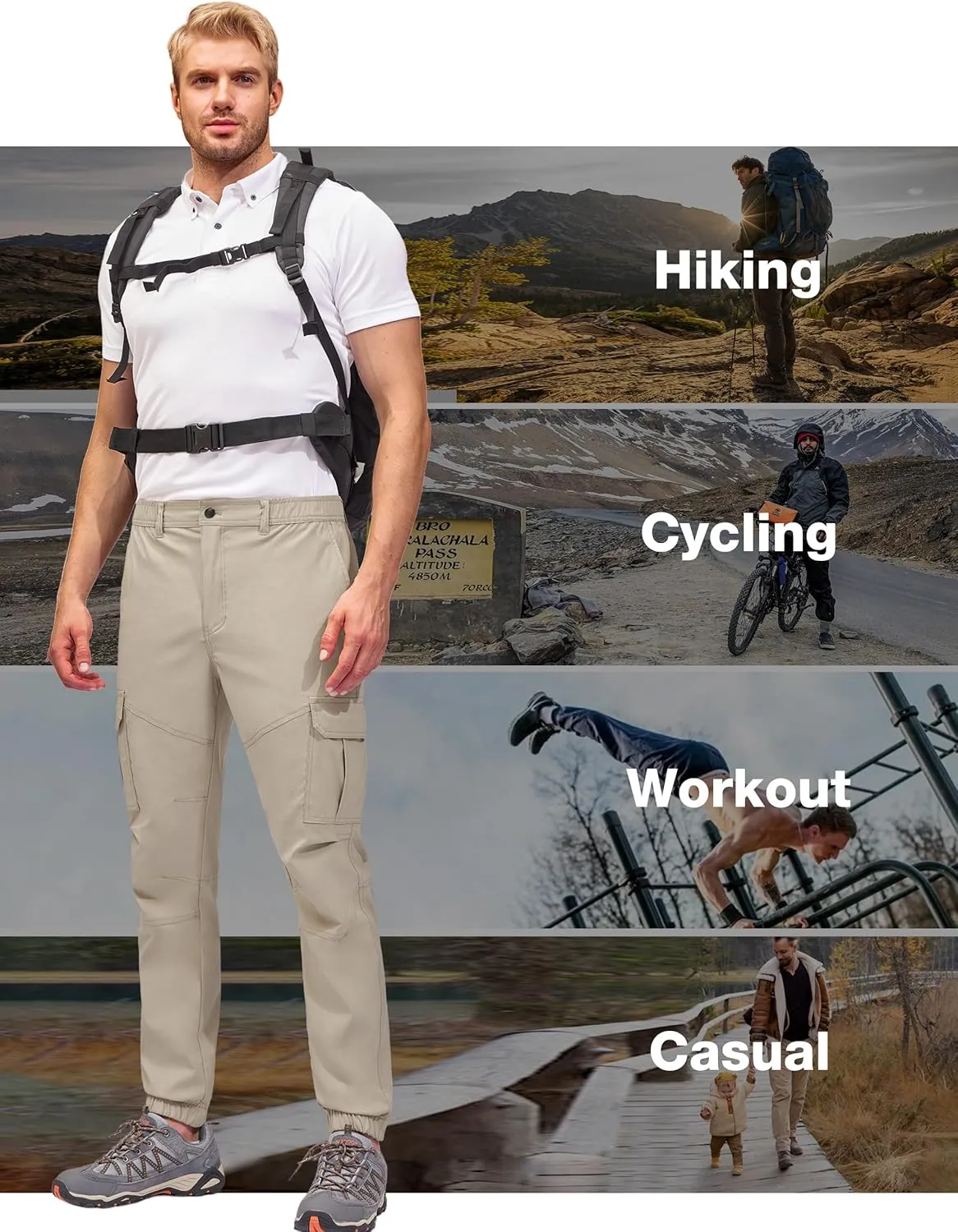 PULI Men's Waterproof Hiking Pants, Slim Fit Cargo Joggers, Stretch Quick Dry Outdoor Pants with Pockets