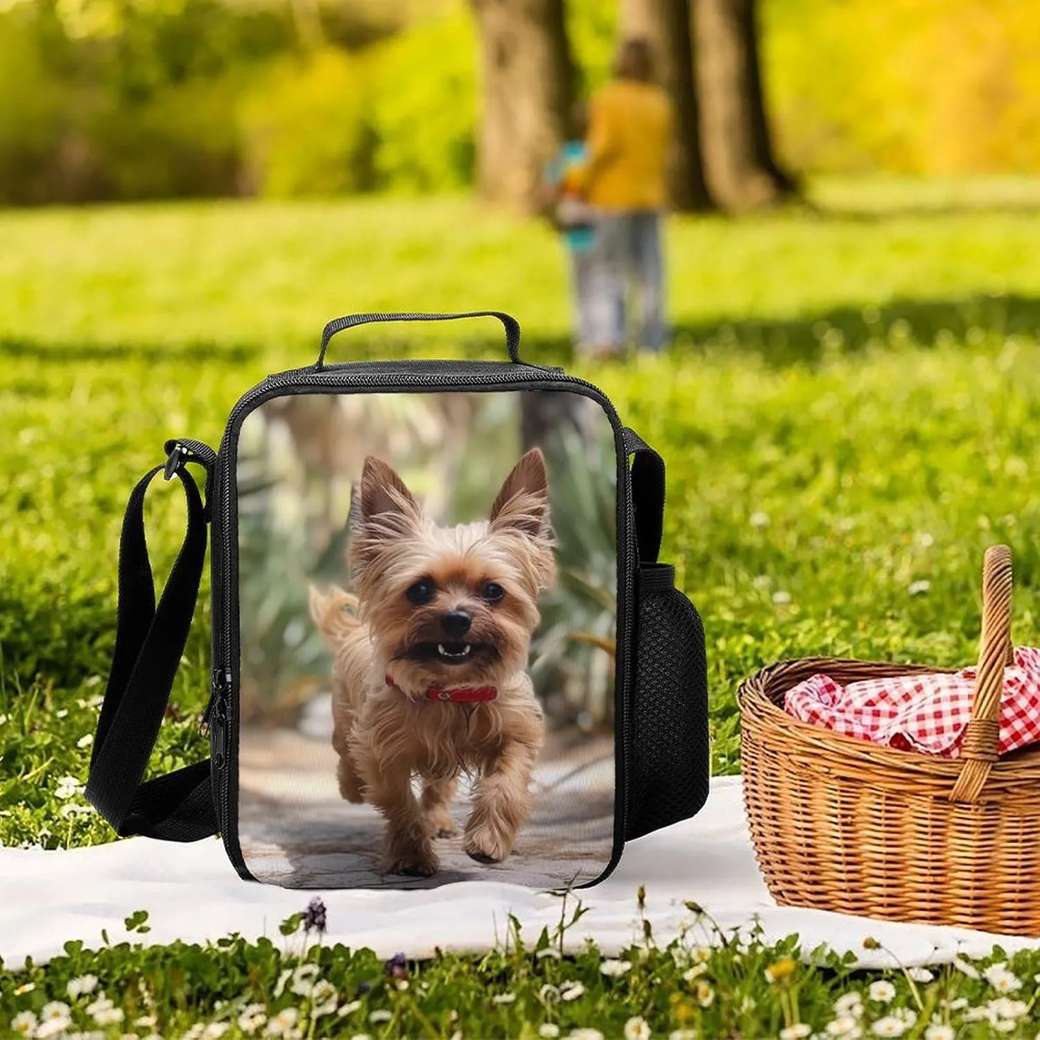 Puppy near Palm Tree Lunch Bag for Women Men Lunch Box with Front Pocket Insulated Lunch Tote Bag for Office Work