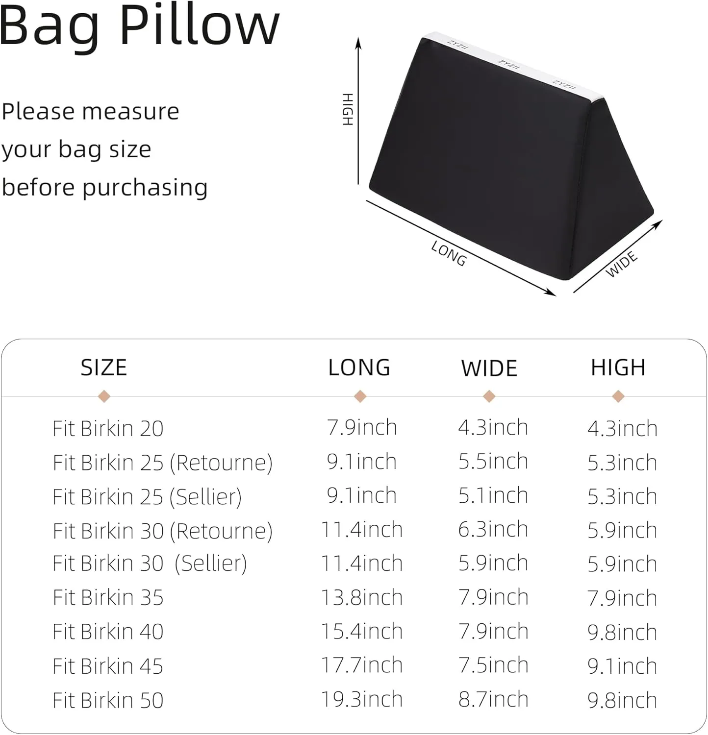 Purse Pillow for Birkin 20/25/30/35/40/45/50,Memory Foam Shaper Insert,Silky Bag Pillow for Luxury Handbag Tote（Black,BK50）