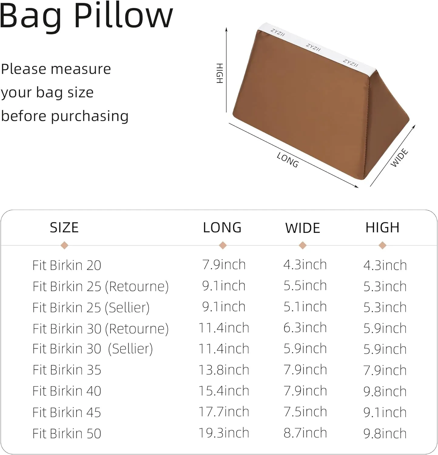 Purse Pillow for Birkin 20/25/30/35/40/45/50,Memory Foam Shaper Insert,Silky Bag Pillow for Luxury Handbag Tote（Gold,BK50）