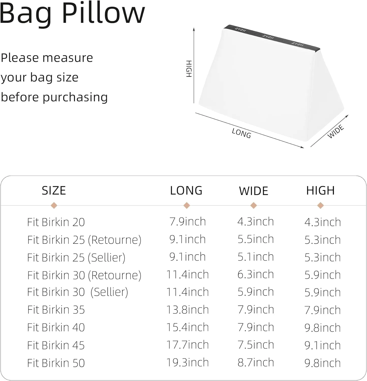 Purse Pillow for Birkin 20/25/30/35/40/45/50,Memory Foam Shaper Insert,Silky Bag Pillow for Luxury Handbag Tote（White,BK50）