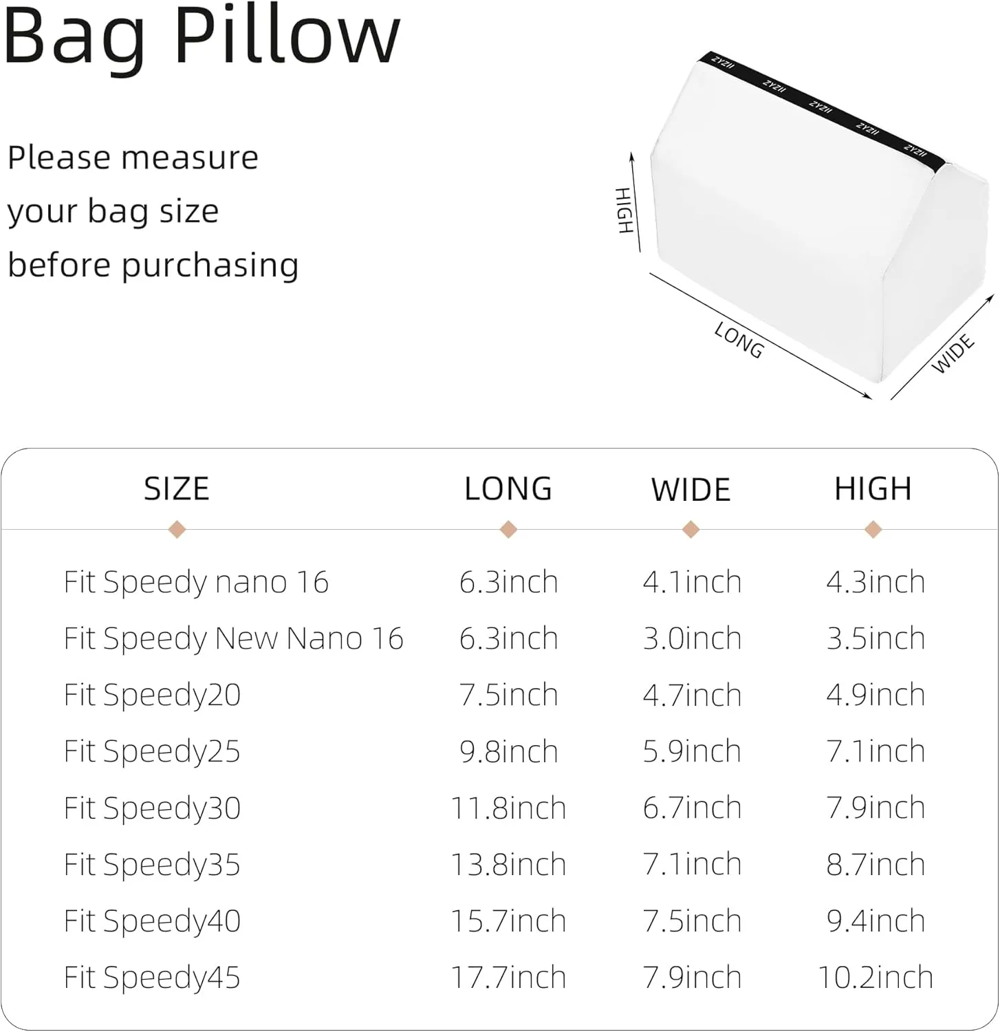 Purse Pillow for LV Speedy Nano16/20/25/30/35/45,Memory Foam Shaper Insert,Silky Bag Pillow for Luxury Handbag Tote(Speedy45,White)