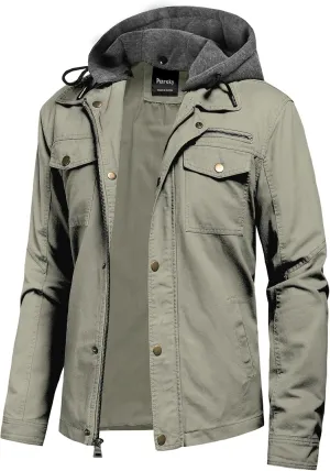 Pursky Men's Canvas Cotton Military Casual Field Jacket Outerwear With Removable Hood