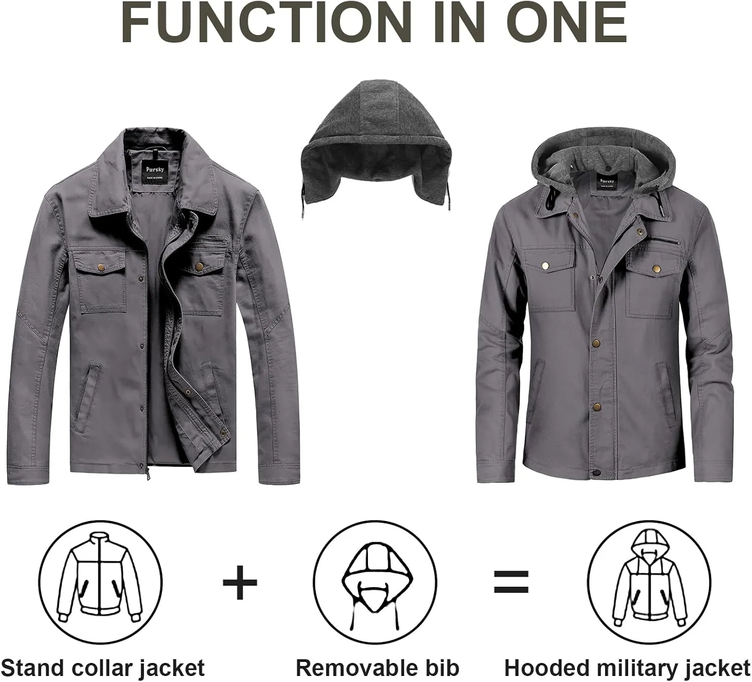 Pursky Men's Canvas Cotton Military Casual Field Jacket Outerwear With Removable Hood