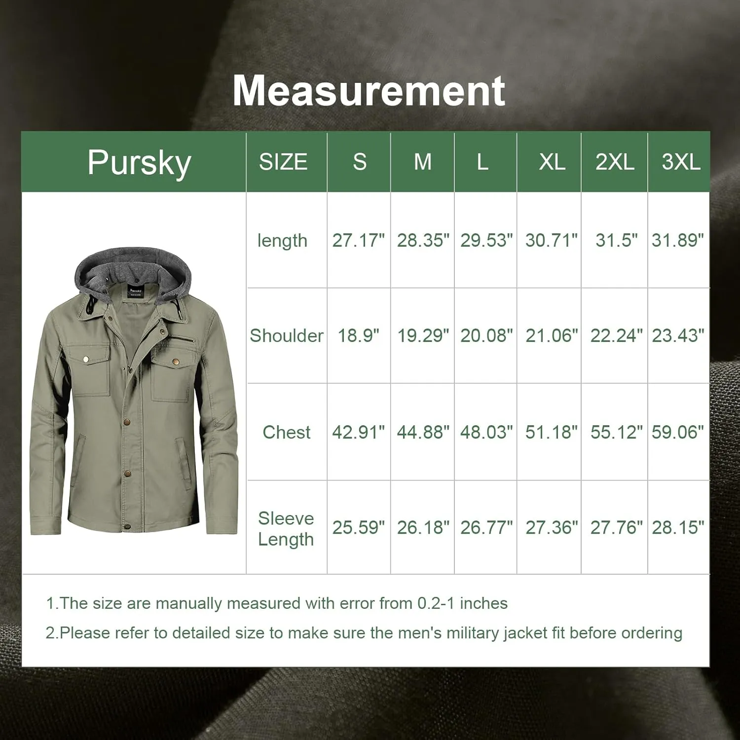 Pursky Men's Canvas Cotton Military Casual Field Jacket Outerwear With Removable Hood