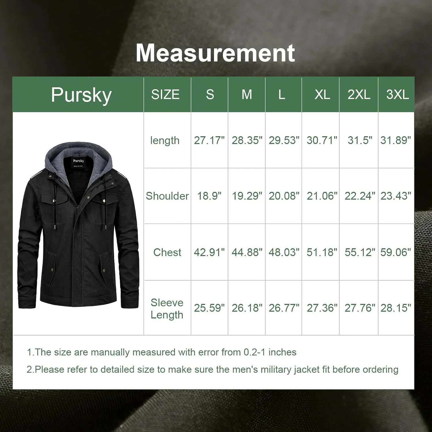 Pursky Men's Military Jacket Casual Washed Cotton Hooded Canvas Coat Fall Coat