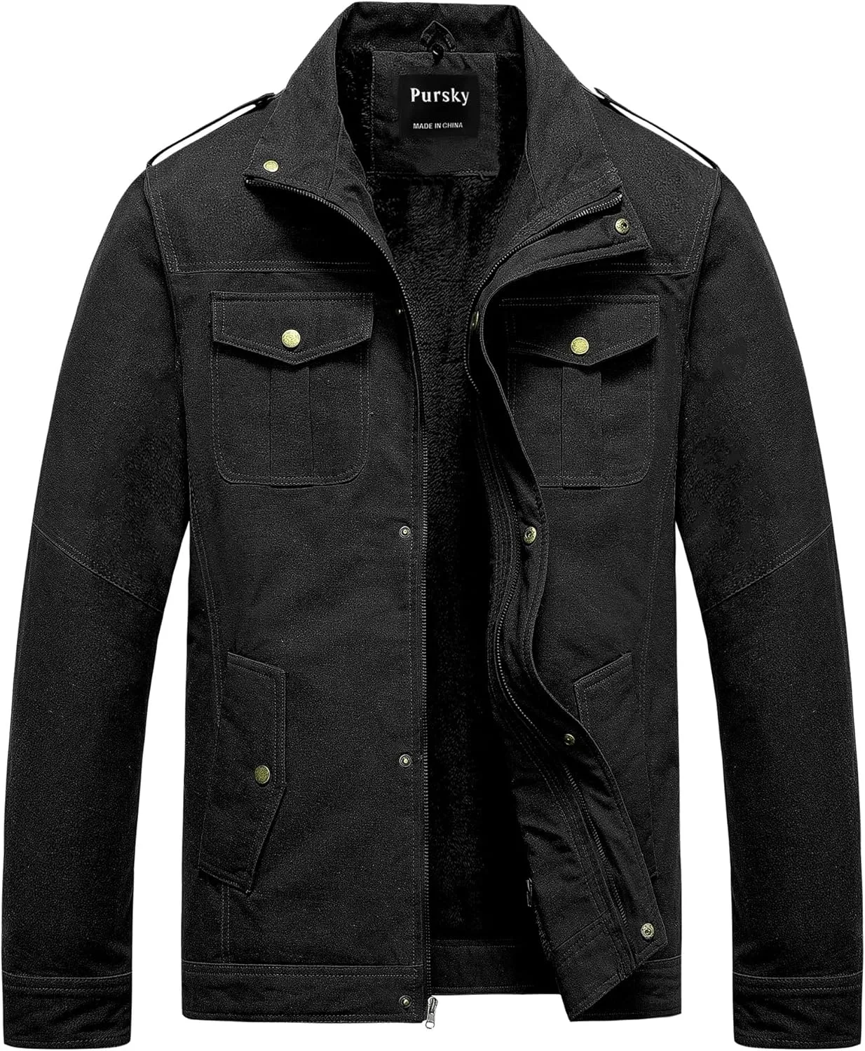 Pursky Men's Military Jacket Casual Washed Cotton Hooded Canvas Coat Fall Coat