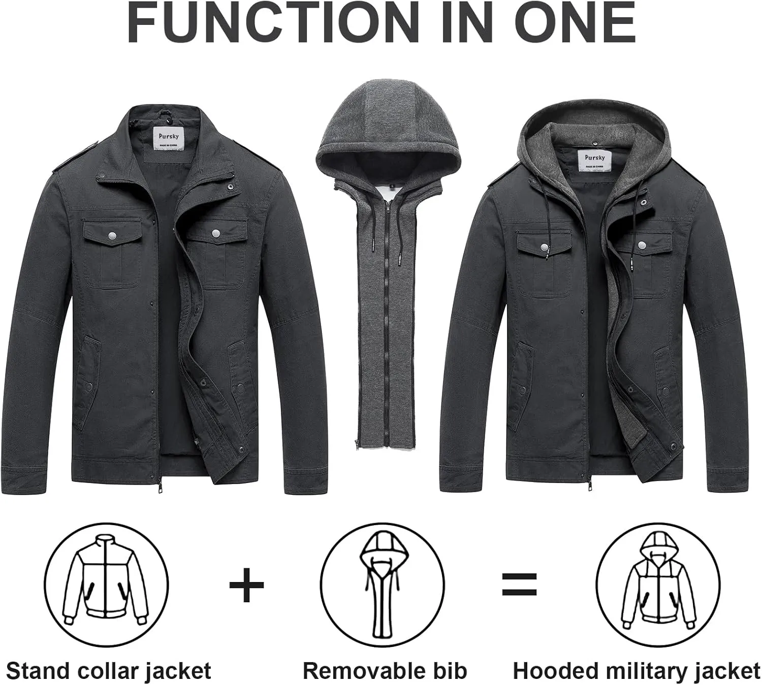 Pursky Men's Military Jacket Casual Washed Cotton Hooded Canvas Coat Fall Coat