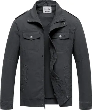 Pursky Men's Military Jacket Casual Washed Cotton Hooded Canvas Coat Fall Coat