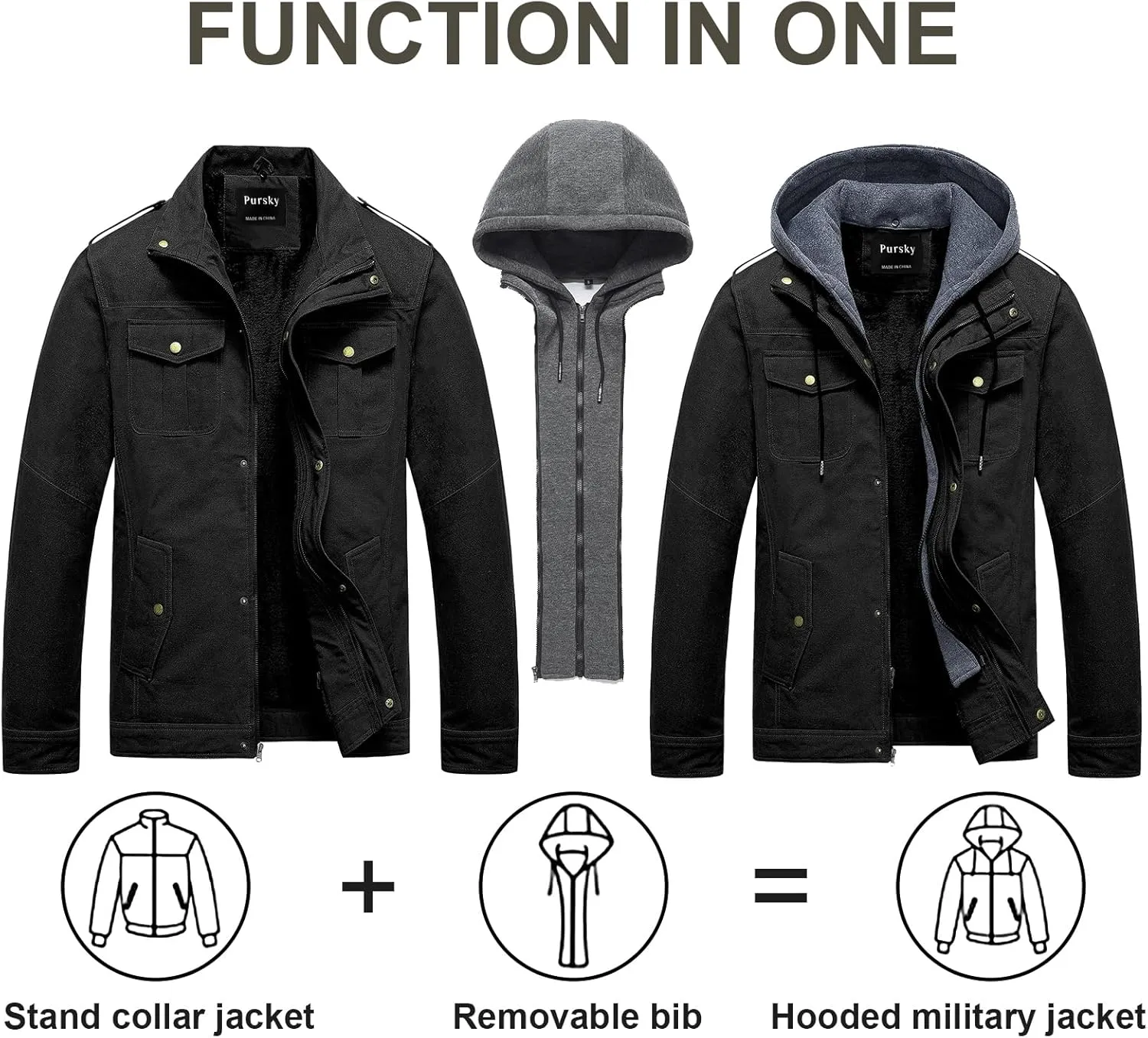 Pursky Men's Military Jacket Casual Washed Cotton Hooded Canvas Coat Fall Coat