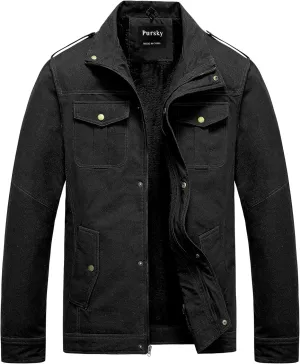 Pursky Men's Military Jacket Casual Washed Cotton Hooded Canvas Coat Fall Coat