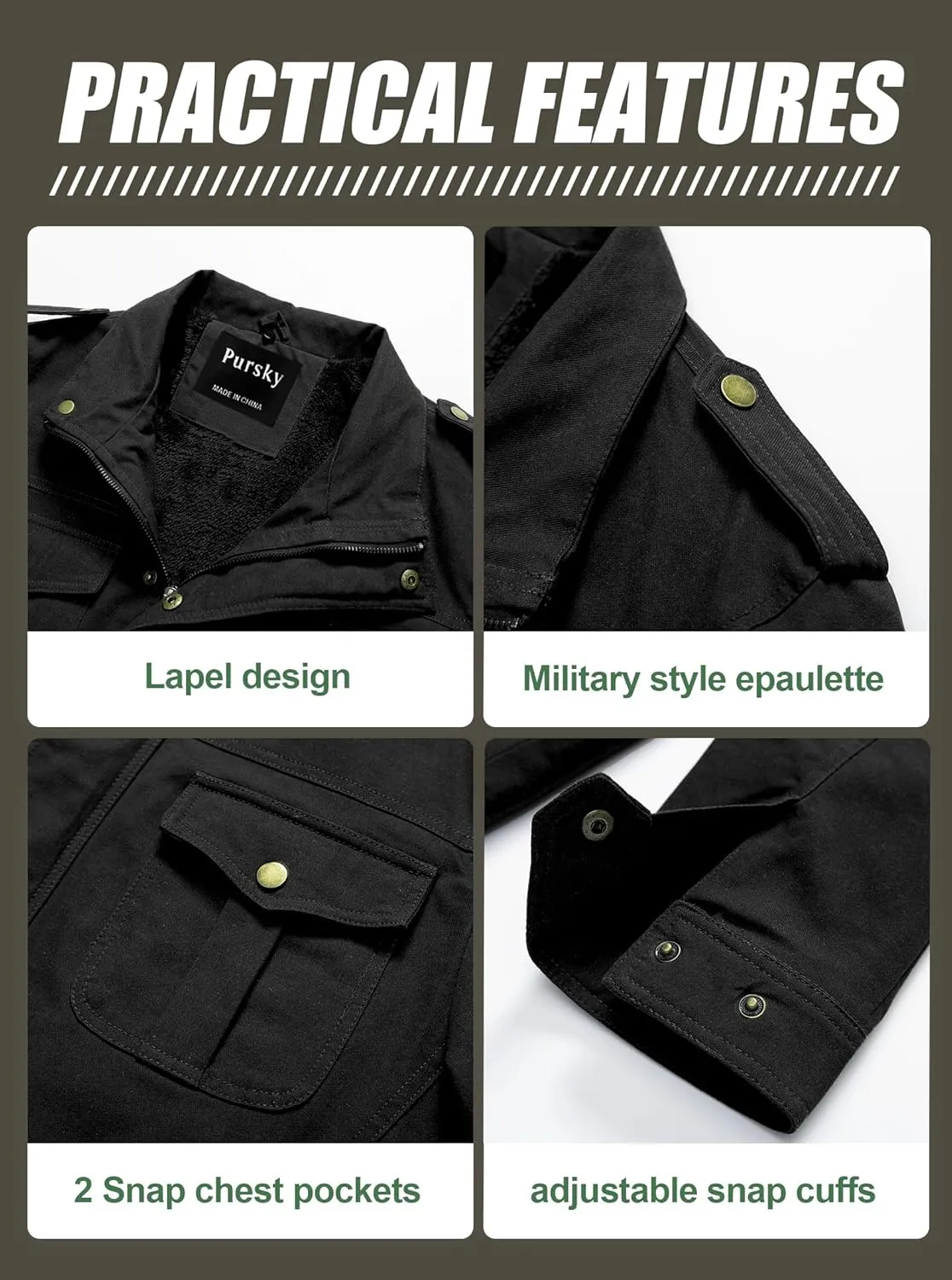 Pursky Men's Military Jacket Casual Washed Cotton Hooded Canvas Coat Fall Coat