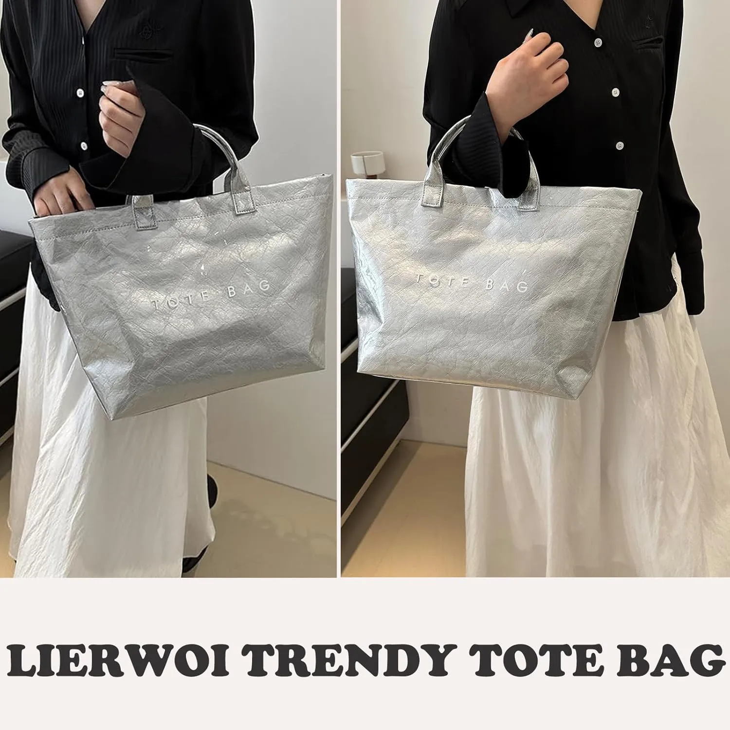 PVC Tote Bag for Women Kraft Paper Large Tote Bag Fashion Paper Bag Trendy Letter Print Tote Bag Top Handle