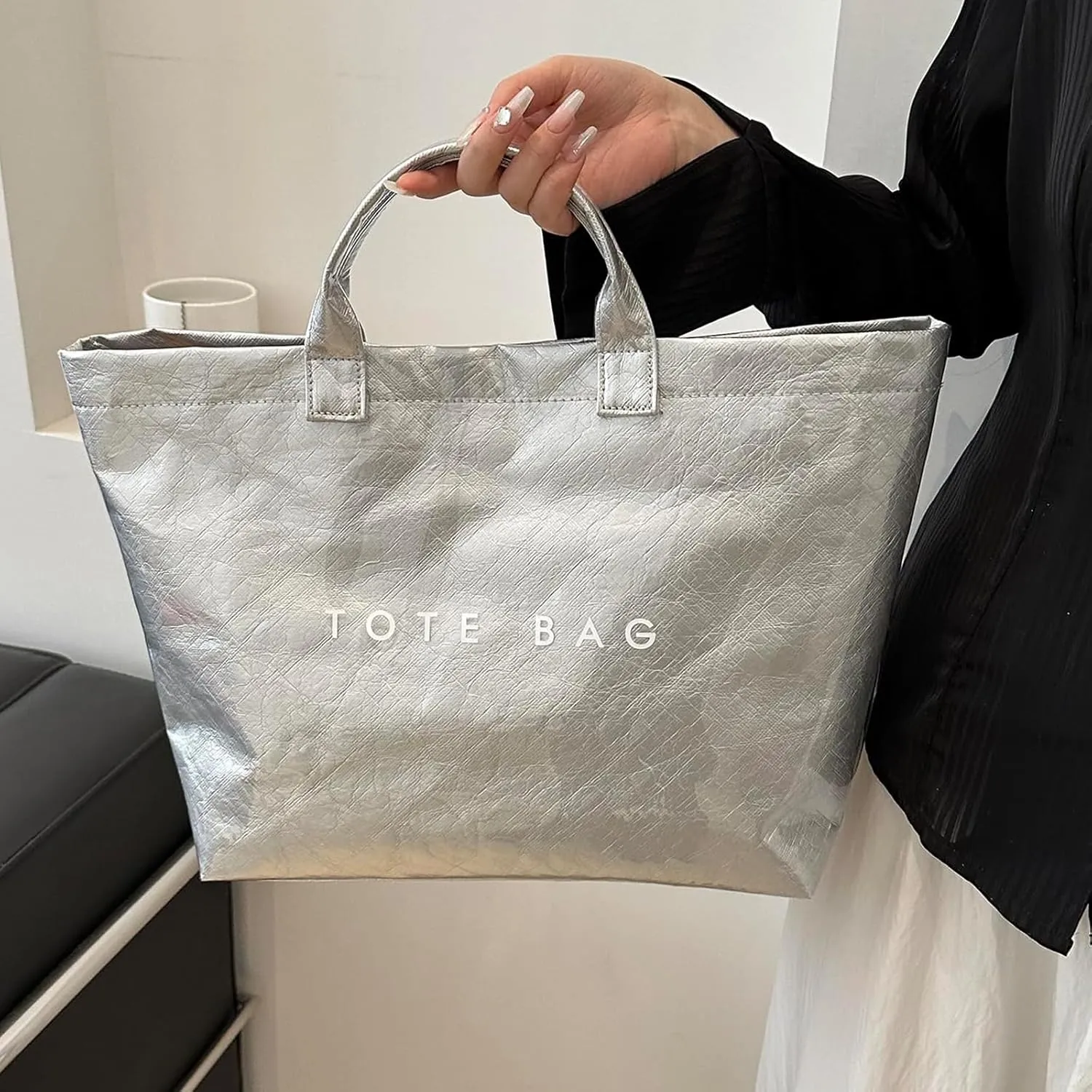PVC Tote Bag for Women Kraft Paper Large Tote Bag Fashion Paper Bag Trendy Letter Print Tote Bag Top Handle