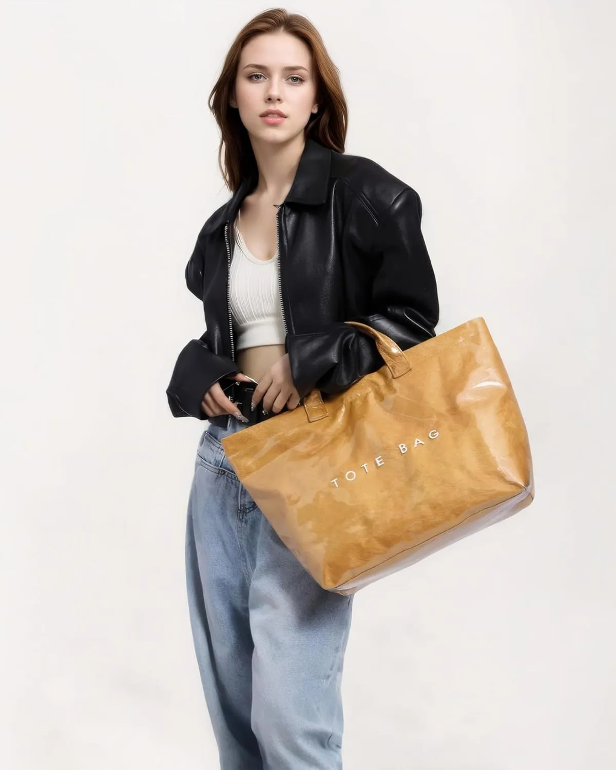 PVC Trendy Tote Bag for Women, Kraft Paper Letter Print Tote Bag Large Work Tote Handbag with Top Handle