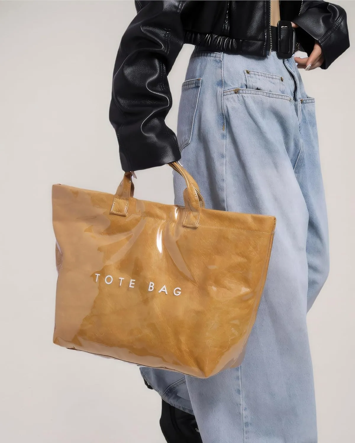 PVC Trendy Tote Bag for Women, Kraft Paper Letter Print Tote Bag Large Work Tote Handbag with Top Handle